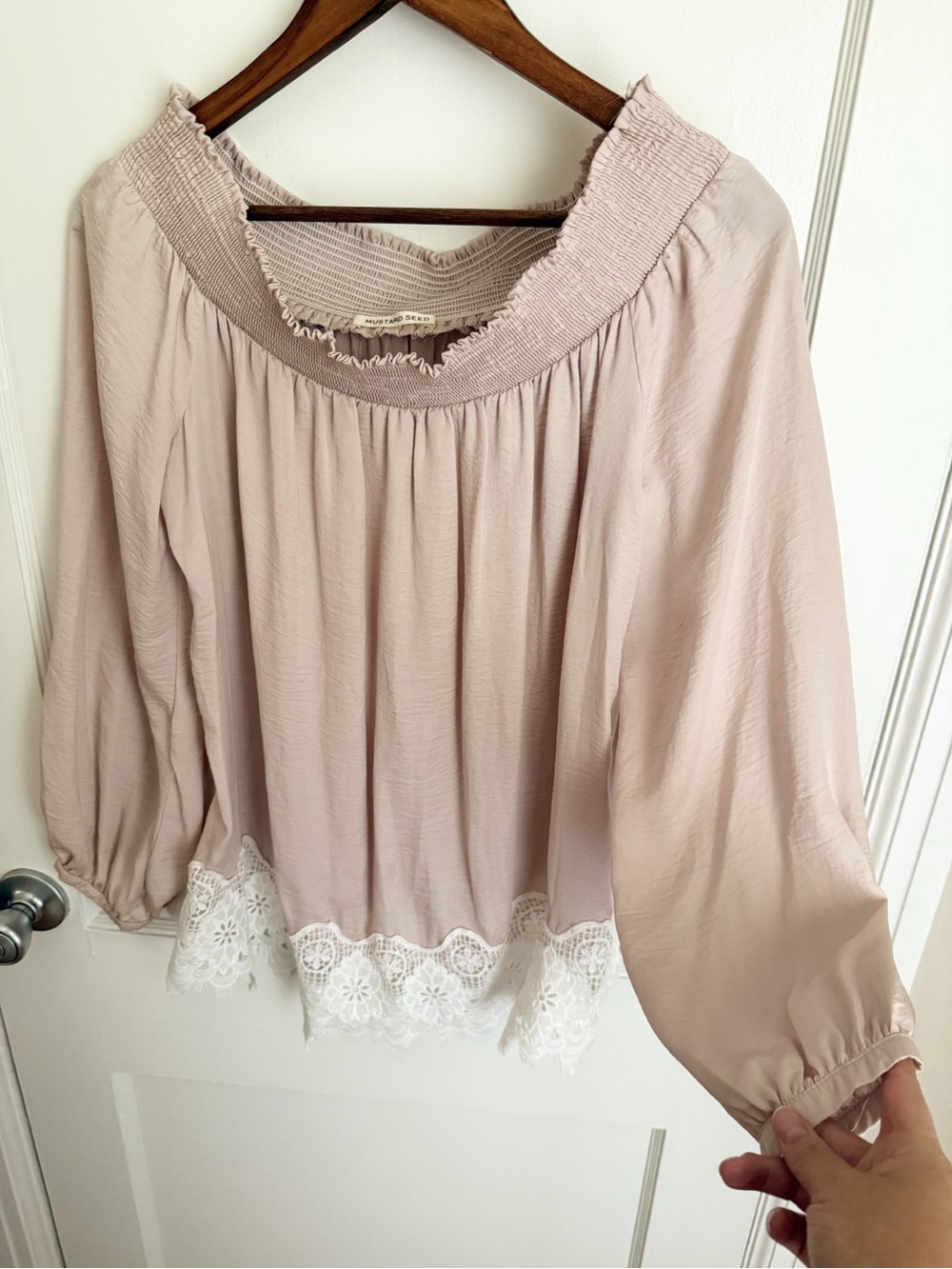 Mustard Seed Blush Pink Smocked Neck Blouse with White Lace Trim - Picture 5 of 9